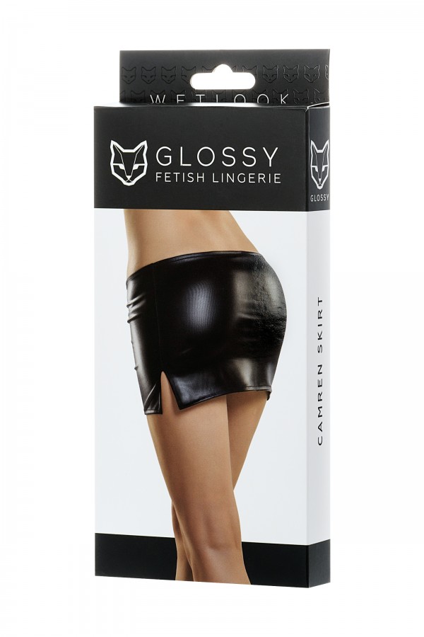 Glossy CAMREN Deri Mini Etek,Wetlook , Siyah, XL