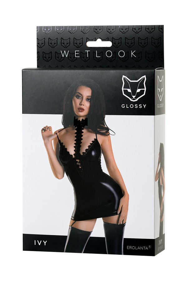 Glossy Parlak Sarmaşık Gerdanlık Elbisesi Wetlook malzemeden, Siyah, M